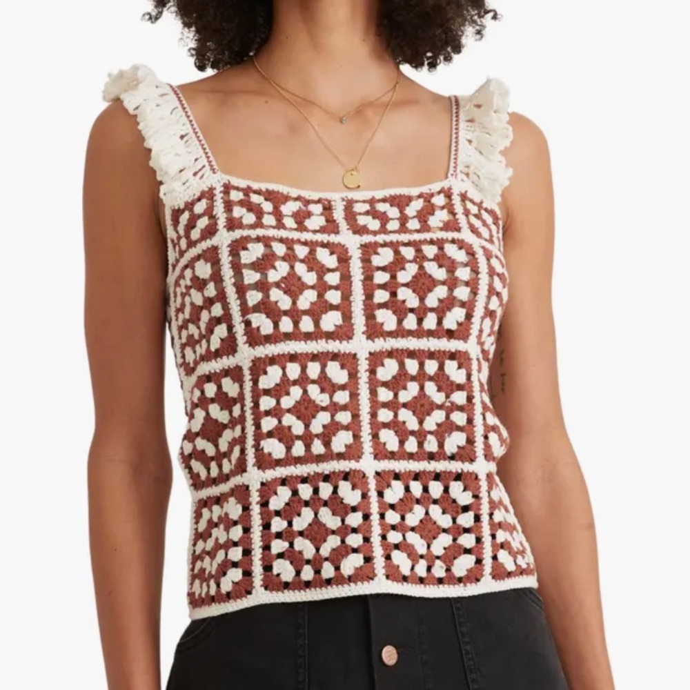 🤎🤍 NWOT Marine Layer “Cora” Crochet Ruffle Trimmed Tank Top